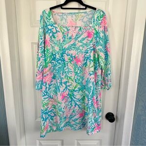 Lilly Pulitzer Ocean Tropical Square Neck Dress Beach Button Sleeve - EUC!